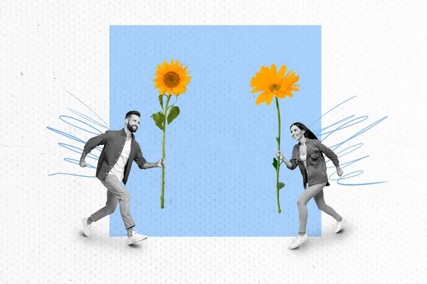 Horizontal Creative Photo Collage Cheerful Young Miniature Couple Run Fast — Stock Photo, Image