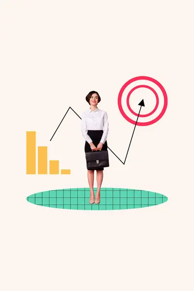 Vertical collage standing young business lady beautiful formalwear smiling positive dynamic charts arrow progress aim achievement.
