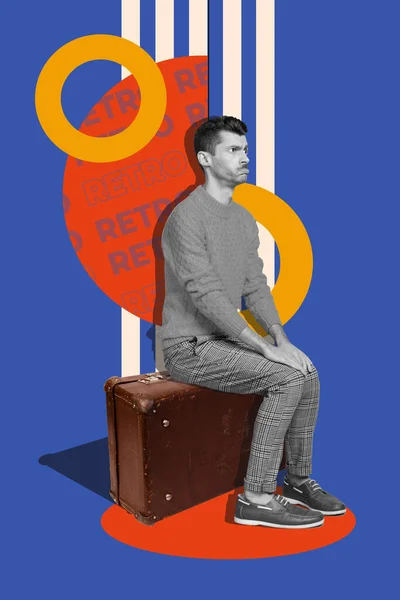 Creative Abstract Template Collage Sitting Valise Traveler Sad Man Wait — Stock Photo, Image