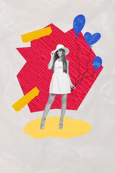 Banner Collage Creativo Vertical Pie Joven Chica Encantadora Vestido Elegante — Foto de Stock