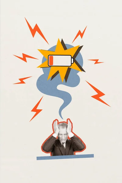 Dikey Yaratıcı Kolaj Posteri Çok Çalışan Adamı Stresli Baş Ağrısı — Stok fotoğraf
