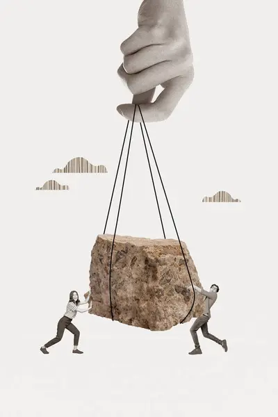 Creative collage picture poster two person pushing stone hanging rope hold arm challenge hard carry weight white background.