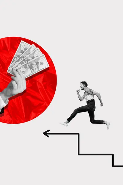 Vertical Creative Collage Young Running Upwards Man Entrepreneur Make Money — Stock Photo, Image