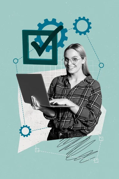 Vertikal Collage Bilde Ung Jente Holde Laptop Bruker Prosess Automatisering – stockfoto