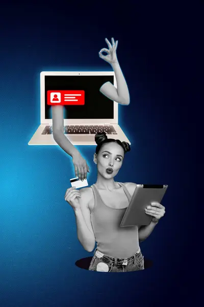 Imagem Colagem Composta Tela Laptop Feminina Bonita Proteção Erro Erro — Fotografia de Stock