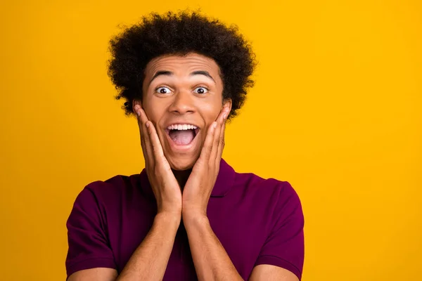 Photo Positive Overjoyed Guy Open Mouth Two Arms Touch Cheeks — Stock Photo, Image