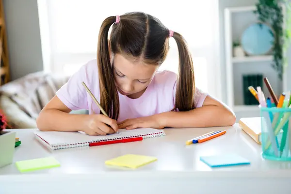 Portrait of diligent adorable schoolkid hold pencil drawing notebook arts homework desktop house inside.