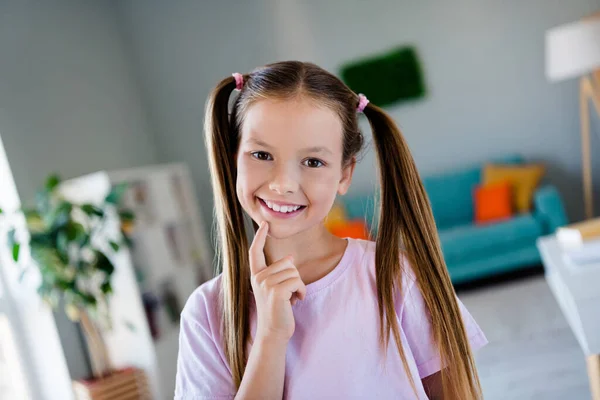 Πορτρέτο Του Έξυπνου Αξιολάτρευτο Κορίτσι Ακτινοβολούν Χαμόγελο Δάχτυλο Αφή Πηγούνι — Φωτογραφία Αρχείου