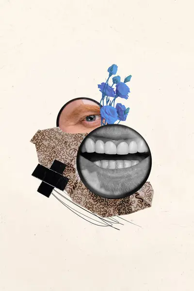 縦の創造的なコラージュの映像 黒い白いフィルター幸せな人間の要素の口の目 ウイルスの落書きのスケッチ青い花の白い背景 — ストック写真