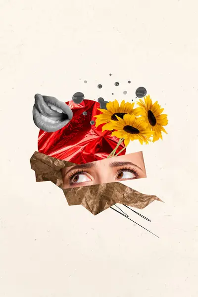 Vertical Collage Creative Poster Caricature Human Element Mouth Eyes Sunflower — Stock Photo, Image