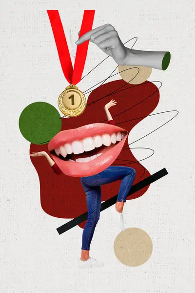 Vertical collage banner headless person stepping huge lips mouth instead face competition medal award prize winner victory first place.