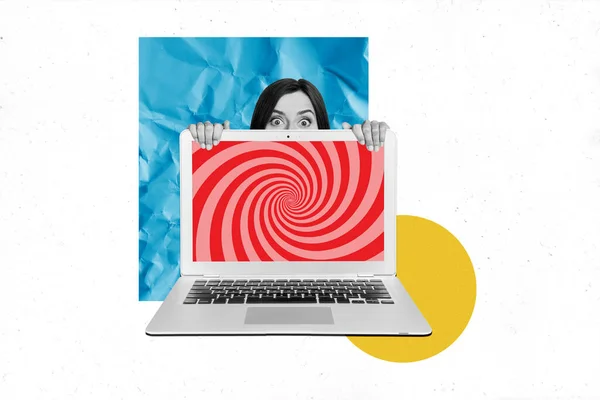 Foto Kreative Illustration Plakat Banner Collage Versteckt Aufsicht Mädchen Laptop — Stockfoto