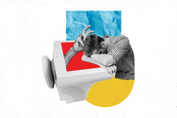 Collage Picture Image Tired Exhausted Man Sleeping Workplace Isolated Drawing — Stock Photo, Image