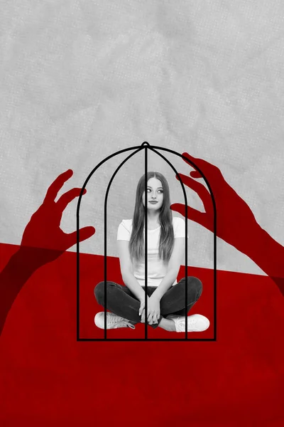 Vertical Creative Collage Banner Young Sitting Girl Victim Birdcage Trapped — Stock Photo, Image