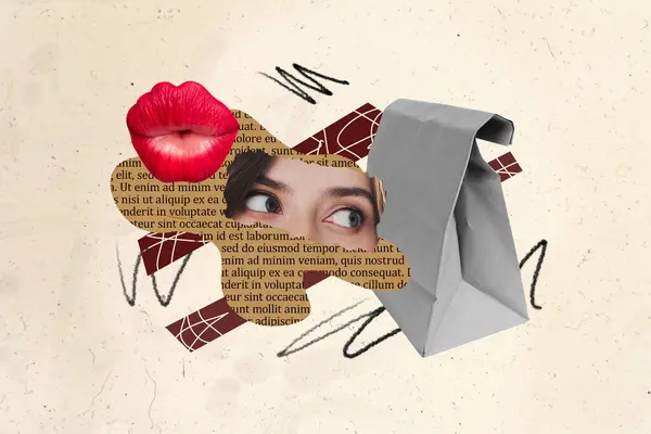 Collage Afbeelding Poster Van Mooie Vrouw Zoek Papieren Pakket Lekker — Stockfoto