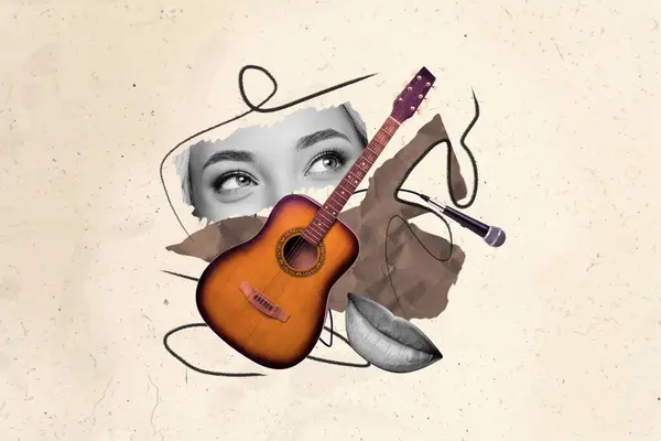 Collage picture of talented girl playing guitar and singing song in karaoke club isolated on creative drawing background.