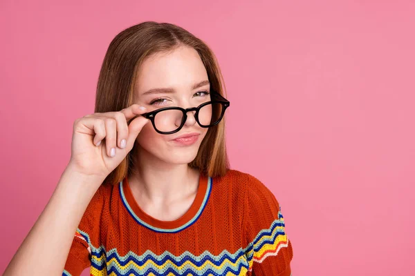 Photo Minded Suspicious Intelligent Girl Arm Touch Eyeglasses Ponder Empty — Stock Photo, Image