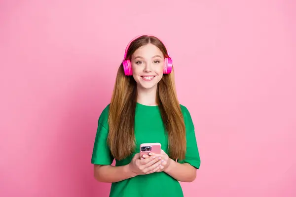 Portrait Teenage Girl Blonde Hair Meloman Listen Wireless Earphones Spotify — Stock Photo, Image