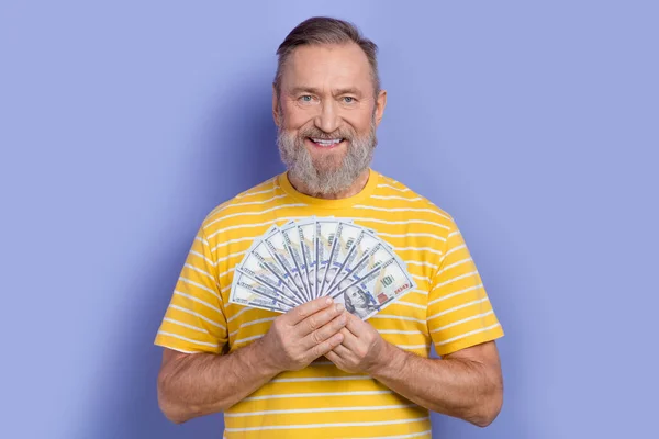Portrait Cheerful Friendly Pensioner Gray Beard Wear Yellow Shirt Hold — Stock Photo, Image