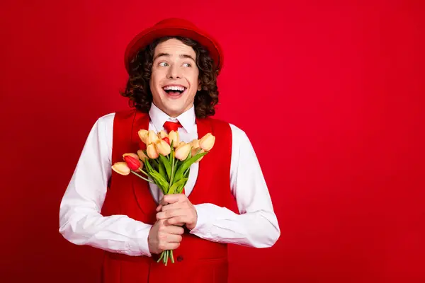 Portrait Surprised Guy Look Cheap Prices International Women Day Flowers — Stock Photo, Image
