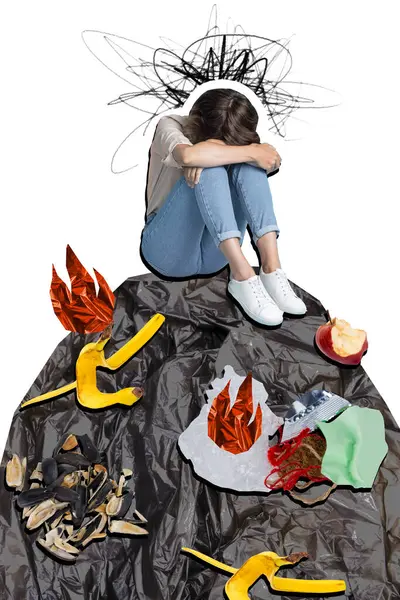 在白色背景上坐在大堆聚乙烯垃圾和其他垃圾上的心烦意乱的生态活跃分子妇女的大学图片 — 图库照片