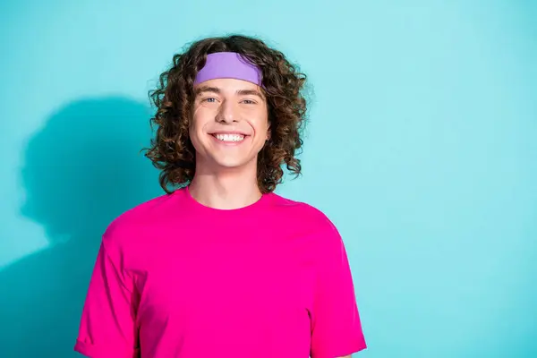 Portrait Hippie Guy Wearing Magenta Stylish Shirt Cheerful Smiling Hipster — Stock Photo, Image