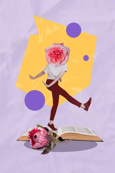Creative Poster Collage Dancing Rose Instead Head Read Book Flower — Stock Photo, Image