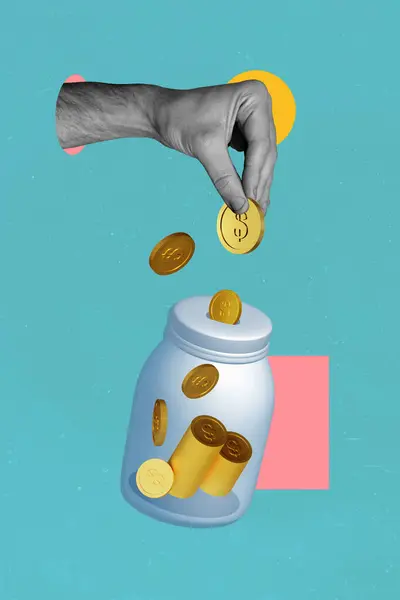 Colagem Tendência Criativa Mão Inserir Moedas Ouro Jar Economista Dinheiro — Fotografia de Stock