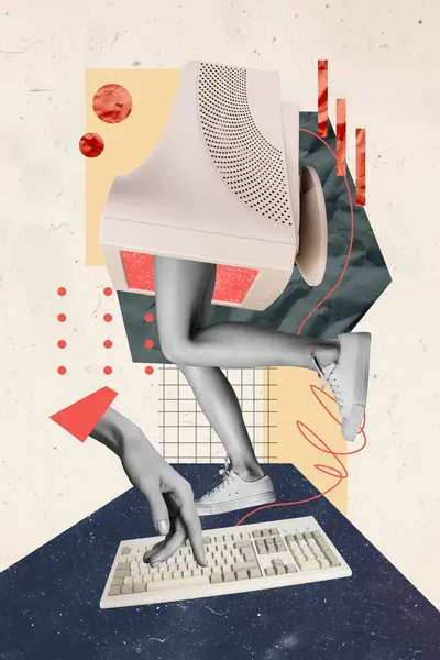 Collage Retro Schets Beeld Van Benen Groeiende Verouderde Monitor Lopen — Stockfoto
