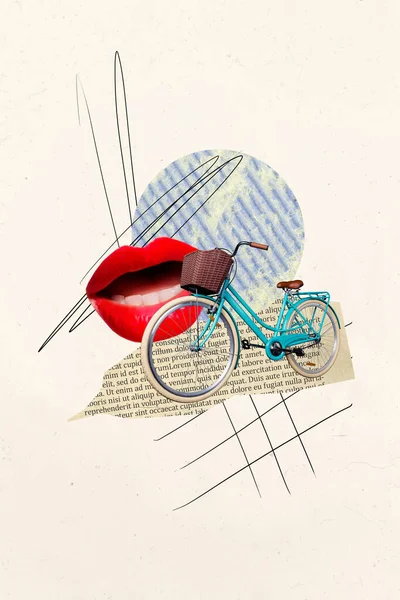 Vertical creative collage poster illustration exclusive bicycle trip weekend leisure element human mouth lips doodle white background.