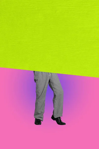 Vertical picture artwork collage of abstract headless person dancing having fun dynamic rhythm moves isolated on green pink background.