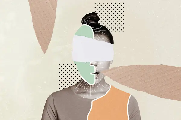 Creative Bizarre Collage Surprised Woman Half Face Green White Empty — Stock Photo, Image