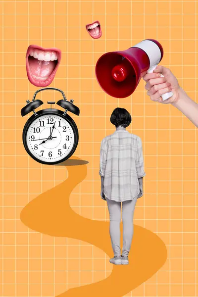 Imagem Colagem Criativa Vertical Visão Traseira Tempo Relógio Empregado Menina — Fotografia de Stock