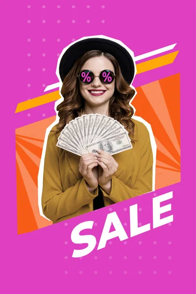 Tvůrčí Plakát Koláž Hezké Mladé Ženy Držet Peníze Ventilátor Velké — Stock fotografie