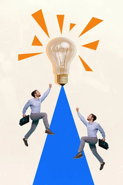 Vertical Creative Collage Jumping Upwards Young Businessman Reach Lightbulb Idea — Stock Photo, Image