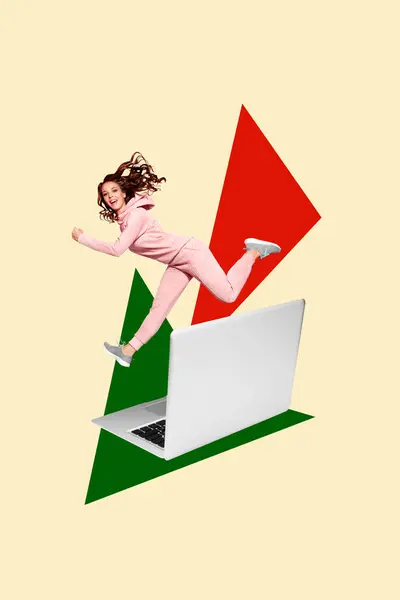 垂直创意拼贴海报年轻快乐的女孩运行快速笔记本电脑Pc远程工作者自由职业者互联网工作背景 — 图库照片