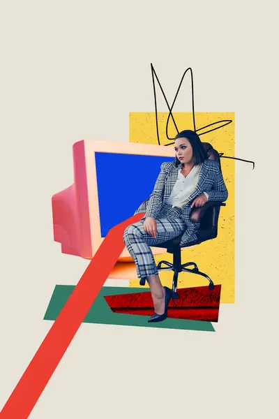 縦の創造的なコラージュの映像のイラスト 深刻な不幸な悲しみの若い女性のオフィスの労働者の足より少ない風変わりな多彩な旗 — ストック写真