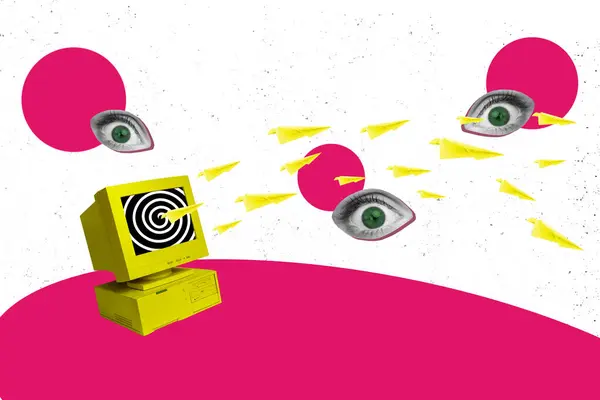 电视计算机监控催眠眼睛怪异怪诞怪诞怪诞的奇幻广告牌漫画创作模板拼贴 — 图库照片