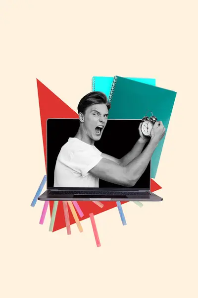 Vertikale Collage Poster Bild Monochromen Effekt Aggressiv Wütend Stressig Junge — Stockfoto