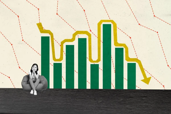 Kreatywny Plakat Kolaż Zdenerwowanej Dziewczyny Recesja Statystyki Biznesowe Dane Wykres — Zdjęcie stockowe