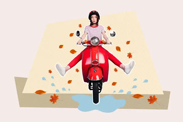 Creative poster collage of autumn season fall leaves girl ride scooter hurry speed weird freak bizarre unusual fantasy billboard comics.