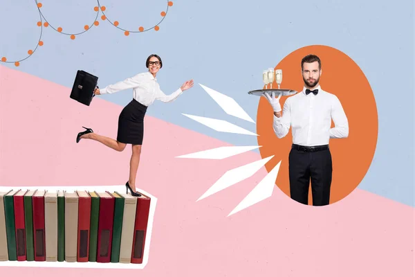 Kreative Zeichnung Collage Bild Von Mädchen Büroangestellte Laufen Tanz Genießen — Stockfoto