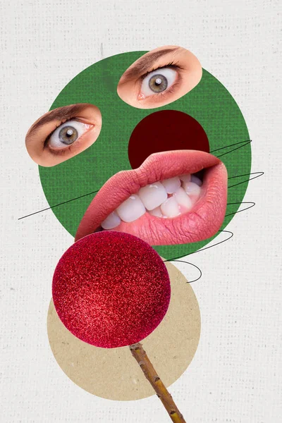Vertical collage image poster face fragments freak concept mouth hmm thinking unsure amazed eyes decide white background.