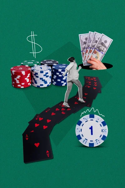 Verticale Collage Cartello Divertente Uomo Dipendente Giocatore Azzardo Giochi Esecuzione — Foto Stock