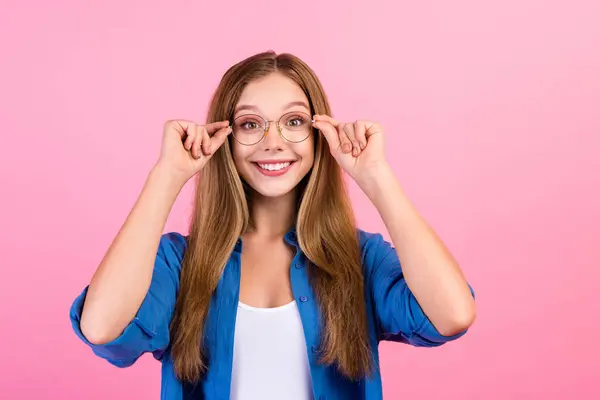 Photo Excited Funky Girl Wear Blue Shirt Arms Spectacles Empty — Stock Photo, Image