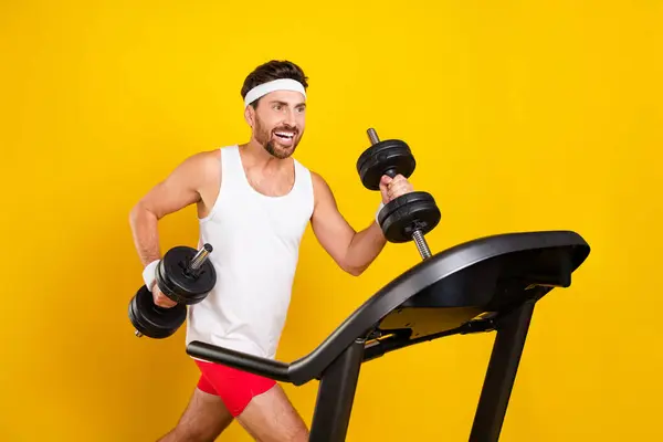 Profile Photo Motivated Crazy Man Hold Heavy Dumbbells Run Treadmill — Stock Photo, Image