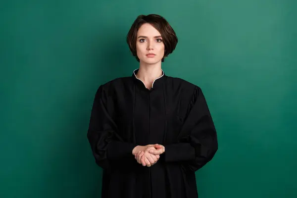 Photo Beautiful Serious Confident Judge Woman Attorney Wearing Long Black — Stock Photo, Image