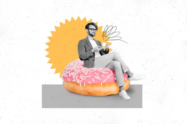 Desenho Criativo Colagem Imagem Cavalheiro Engraçado Sentado Donut Café Xícara — Fotografia de Stock