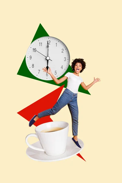 Creative Drawing Collage Picture Cheerful Office Workspace Clock Time Coffee — Stock Photo, Image