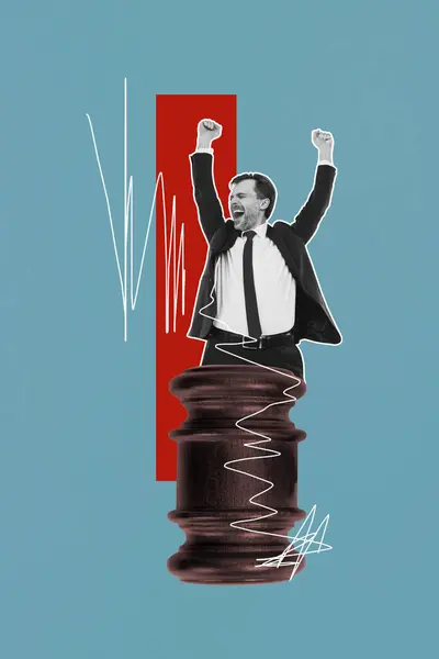 Creatieve Poster Collage Van Opgewonden Man Winnende Oordeel Rechtbank Advocaat — Stockfoto